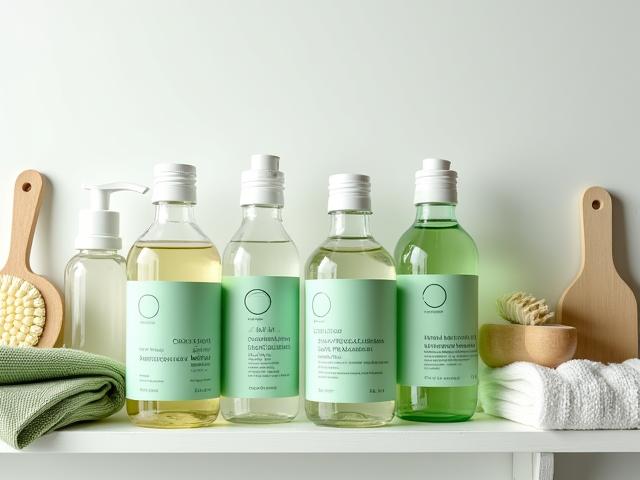 A shelf displaying modern, neatly labeled eco-friendly cleaning bottles and supplies