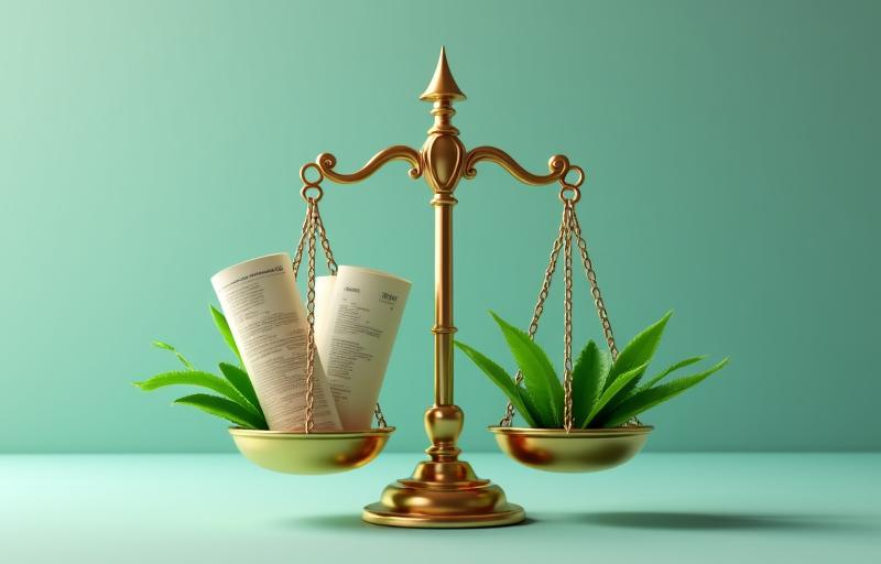 Image showing a stylized scale of justice with eco-friendly leaves, symbolizing legal clarity and sustainability.